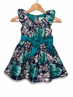 Girls Floral Party Dress Teal Navy Bow Waist Holiday Special Occasion Dress